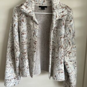 Tahari Fuzzy Open Cardigan Jacket in Cream, Brown and Light Blue
